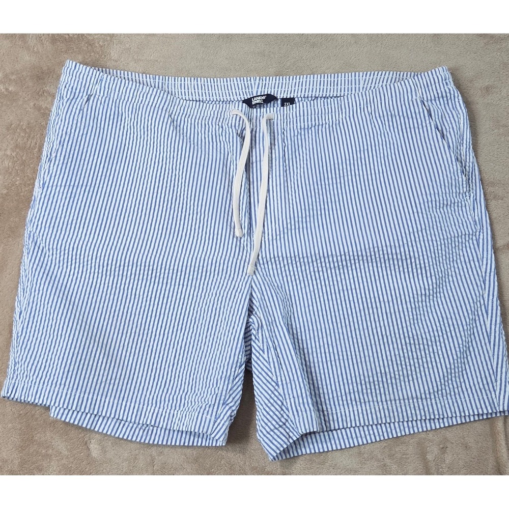 Lands' End Seersucker Shorts 7" Mens‎ 2XL Blue White Striped Stretch EUC